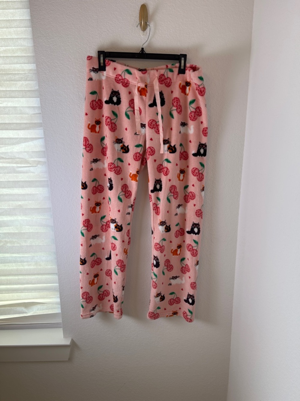 Pink Cherry & Cat Plush Pajama Pants - Women size Large